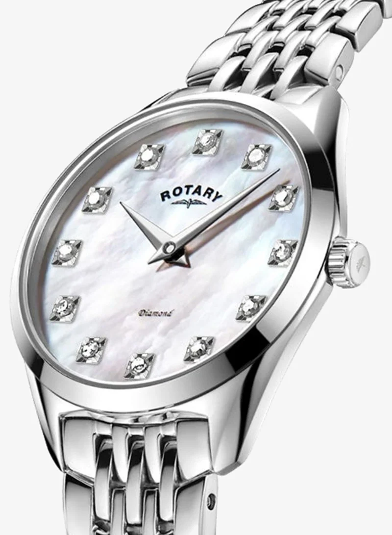 روتاري ساعة Rotary Ladie's Ultra Slim Stone مرصعة بسوار من الفولاذ المقاوم للصدأ من عرق اللؤلؤ