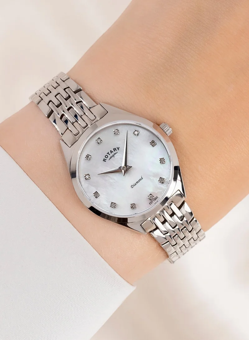 Rotary  Women's Ultra Slim Diamond Analogue Watch, 27 mm, Mother of Pearl Dial, Stainless Steel Bracelet for Women | Best Price UAE