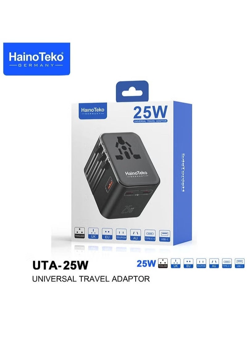 Haino Teko UTA-25W Universal Travel Adapter, 25W Fast Charging with Multi-Region Compatibility, Multiple Output Options (USB-A, USB-C), Compact & Portable – Black  - Image 4