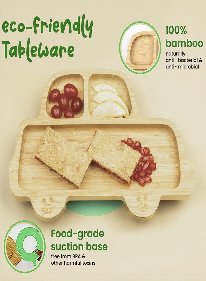 StarKiddo®️ ‘Rider’ Bamboo Suction Plates for Baby and Toddler | 3 Sections | Weaning Spoon | Non-Toxic | Super Strong Suction | Cool to The Touch | Ideal for Baby-Led Weaning [Green] - Image 3