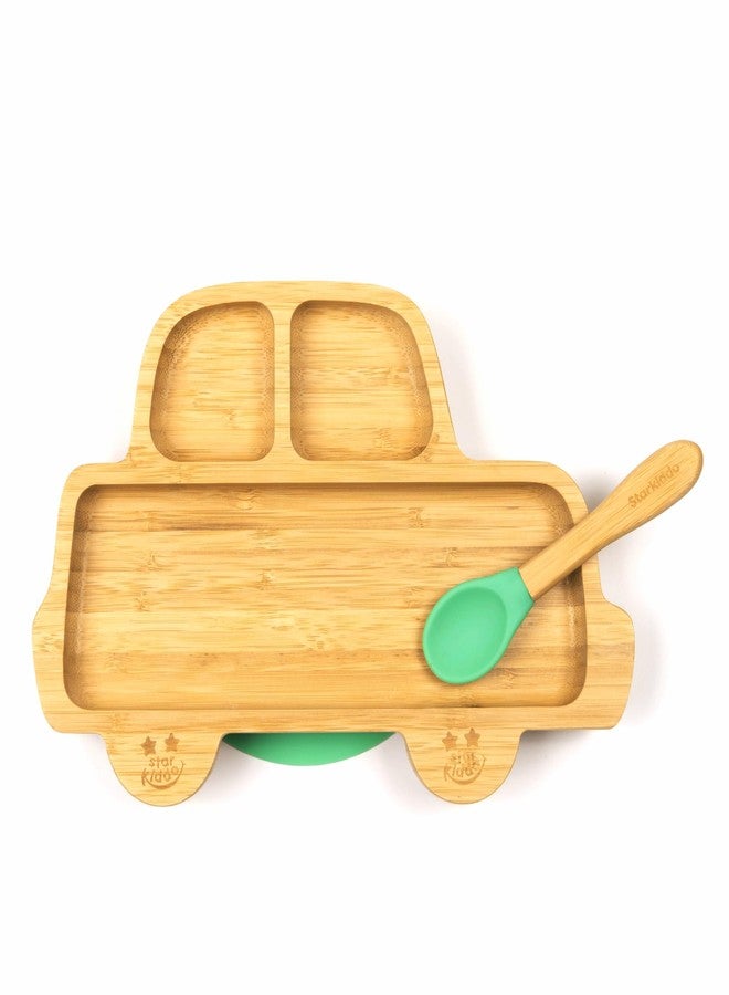 StarKiddo®️ ‘Rider’ Bamboo Suction Plates for Baby and Toddler | 3 Sections | Weaning Spoon | Non-Toxic | Super Strong Suction | Cool to The Touch | Ideal for Baby-Led Weaning [Green] - Image 1