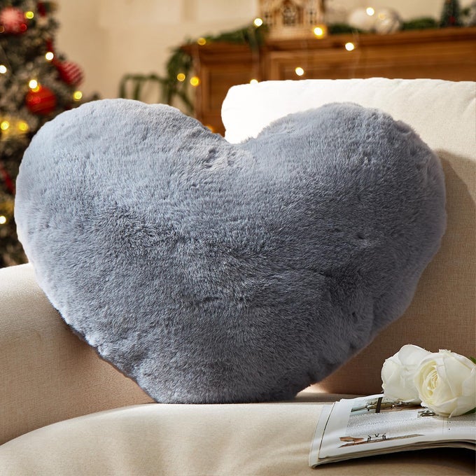 HEART PILLOW GREY HEART PILLOWS LOVE PILLOW GIFTS 14X17 INCH LARGE HEART SHAPED PILLOWS FAUX RABBIT FUR COQUETTE ROOM DECOR THROW PILLOWS LIVING BEDROOM INDOOR OUTDOOR