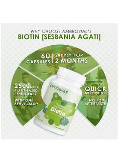 ambrosial Ambrosial Biotin Hair Growth Supplement | Sesbania Agati Plant Based Biotin Supplements| High Strength 2500mcg Biotin Tablets | Hair Skin & Nails Vitamins for Women & Men - 60 Veg Capsules  - Image 3
