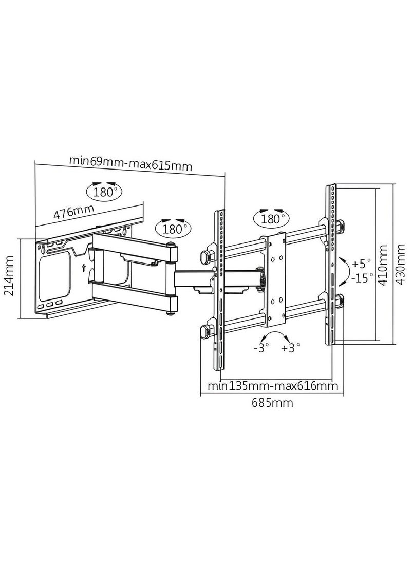 BEETEC - Single Arm Swivel TV Wall Mount for 37-75 Inch Flat Panel TVs up to 60 kg/132 lbs, Full-Motion Design with 615mm Extension, Free-Tilting Design for Better Viewing and Reduced Glare, Black | TF-LPA49-463D - Image 1