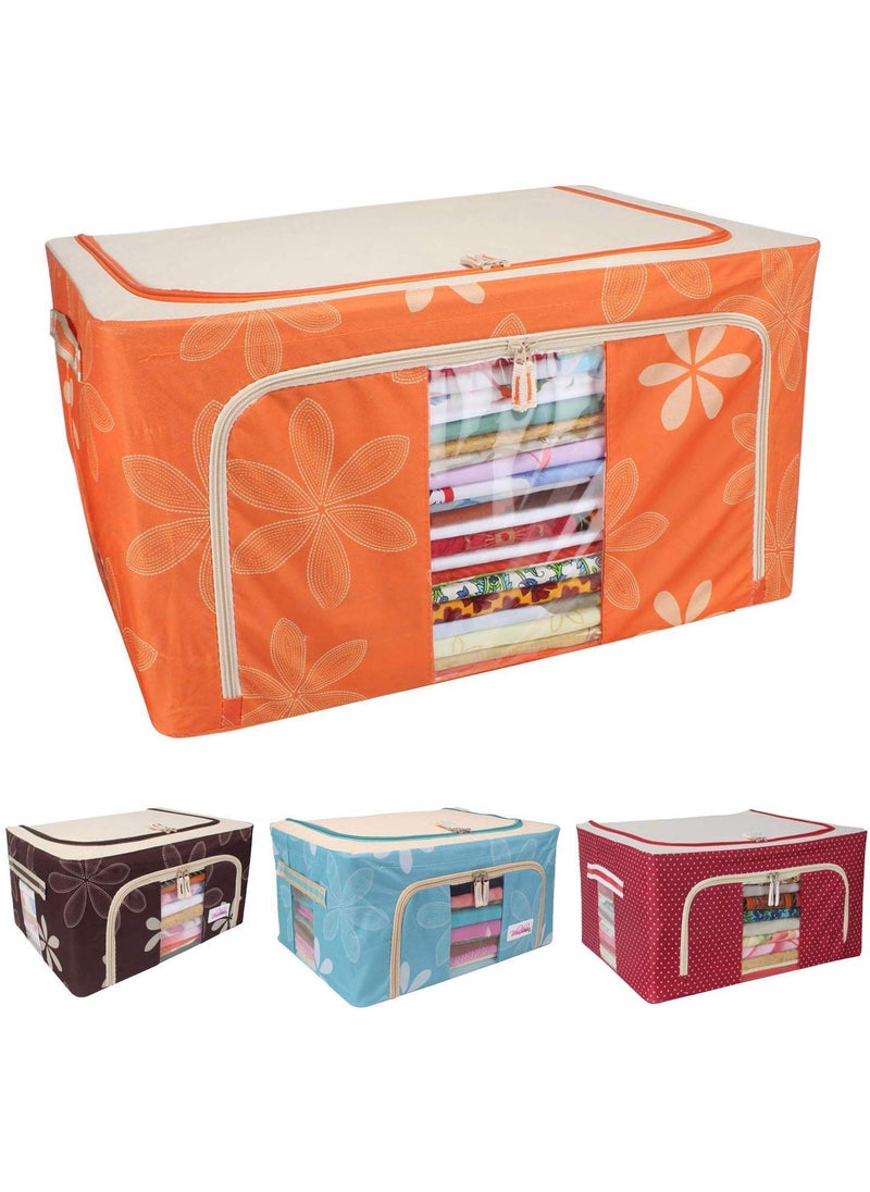 VEDHAK VEDHAK Fabric Clothes Storage Box for Wardrobe Cloth Saree Towel Blanket Foldable Organizer Bag with Steel Frame Top and Front Zipper Open Bags 66L  - Image 3