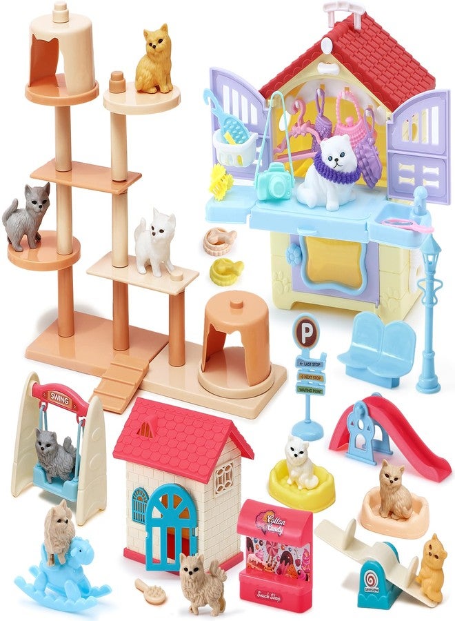 Golray 66Pcs Cat Toys for Kids Girls, 3 In 1 Pet Pretend Play Toys with 9 Cat Figurine/DIY Cat Tree/Beauty House/Playground, Toddler Cat Figures Pet Care Birthday Preschool Girl Boy Gift Age 4 5 6 7 8 - Image 1