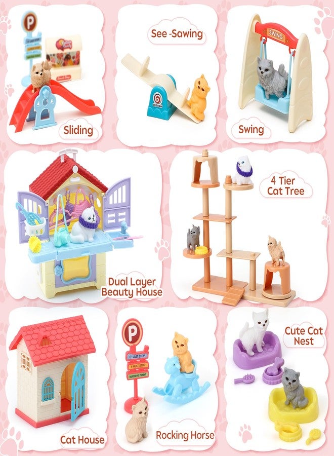 Golray 66Pcs Cat Toys for Kids Girls, 3 In 1 Pet Pretend Play Toys with 9 Cat Figurine/DIY Cat Tree/Beauty House/Playground, Toddler Cat Figures Pet Care Birthday Preschool Girl Boy Gift Age 4 5 6 7 8 - Image 3