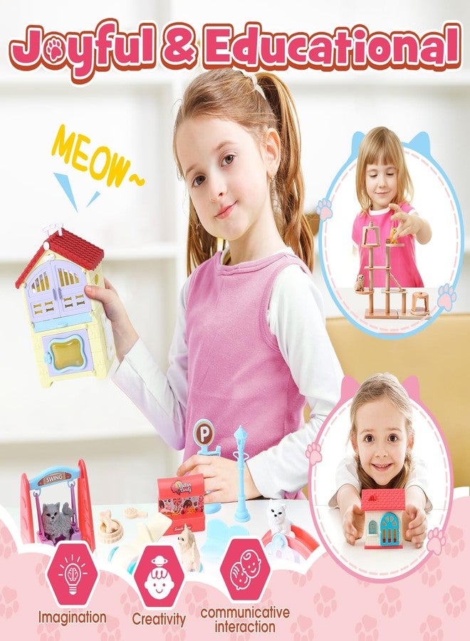 Golray 66Pcs Cat Toys for Kids Girls, 3 In 1 Pet Pretend Play Toys with 9 Cat Figurine/DIY Cat Tree/Beauty House/Playground, Toddler Cat Figures Pet Care Birthday Preschool Girl Boy Gift Age 4 5 6 7 8 - Image 4