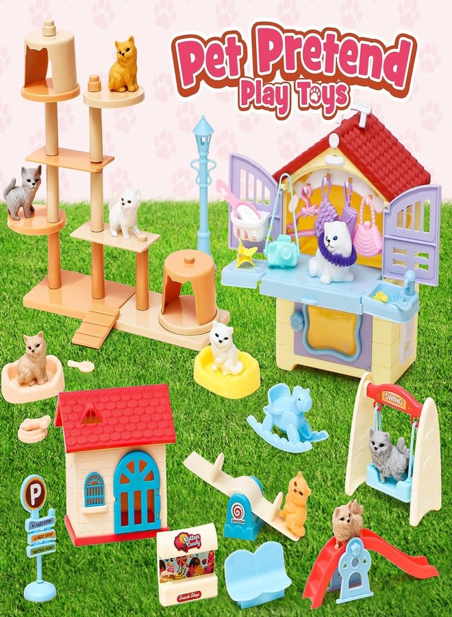 Golray 66Pcs Cat Toys for Kids Girls, 3 In 1 Pet Pretend Play Toys with 9 Cat Figurine/DIY Cat Tree/Beauty House/Playground, Toddler Cat Figures Pet Care Birthday Preschool Girl Boy Gift Age 4 5 6 7 8 - Image 5