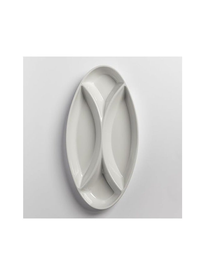 Melamine Divided Oval Serving Plate 15 * 30 cm Multi Use for Nuts, Desserts, Sauces and Snacks - White, Easy to Store & Break Resistant | Break-resistant Melamine Divided Plate - Image 1