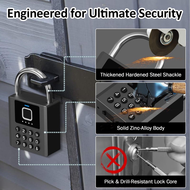 Elinksmart Fingerprint Combination Lock Outdoor eLinkSmart Locker Padlock with 9 Digit Button Password Bluetooth APP Control Weatherproof Heavy Duty Keyed Padlock for Shed Gate Fence Truck Support Temporary Code - Image 3