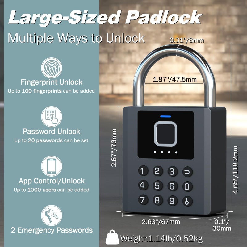 Elinksmart Fingerprint Combination Lock Outdoor eLinkSmart Locker Padlock with 9 Digit Button Password Bluetooth APP Control Weatherproof Heavy Duty Keyed Padlock for Shed Gate Fence Truck Support Temporary Code - Image 2