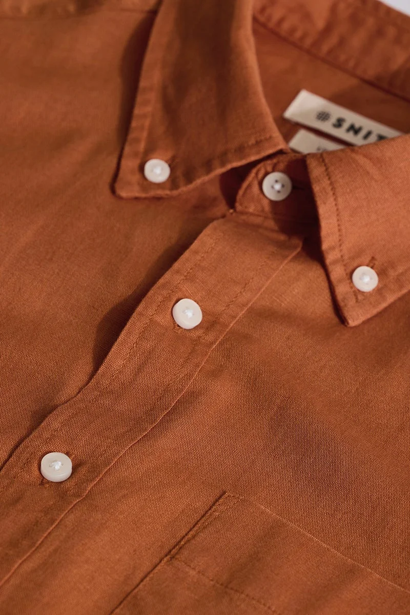 SNITCH Orange Linen Blend Slim Fit Shirt