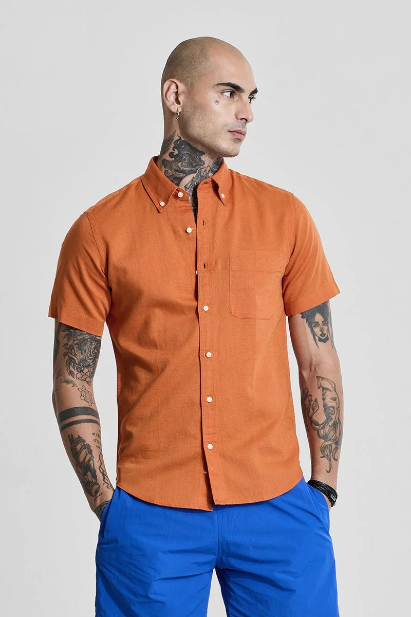 SNITCH Orange Linen Blend Slim Fit Shirt