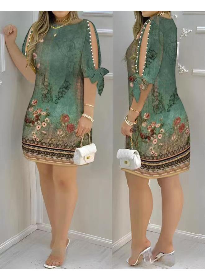 European And American Summer Women's Clothing Chinese Retro Ethnic Style Printed Loose Casual Round Neck Pullover Dress 