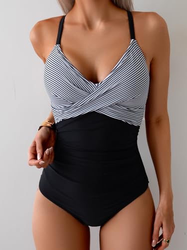 B2prity Women's One Piece Swimsuits Tummy Control Front Cross Bathing Suits Tie Back Slimming V Neck Swimwear Black Stripe - Image 3