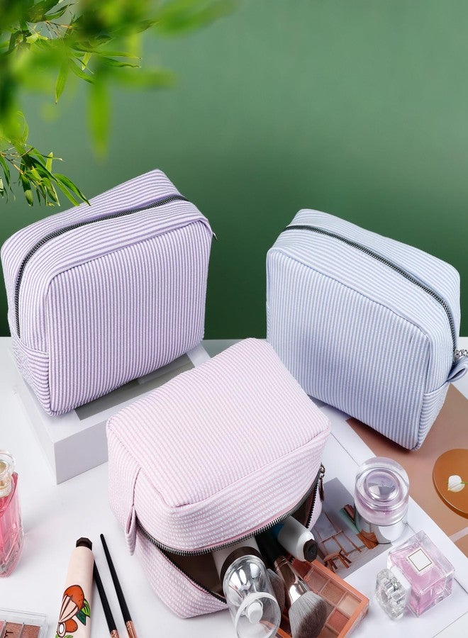 Loccmat 3 Pack Seersucker Makeup Bag, Striped Cosmetic Bag with Zipper, Large Travel Toiletry Storage Pouch for Women,Bridesmaid, Wedding Gifts, 8.7 x 5.5 x 3.5 Inch(Pink, Light Blue,Purple) - Image 3