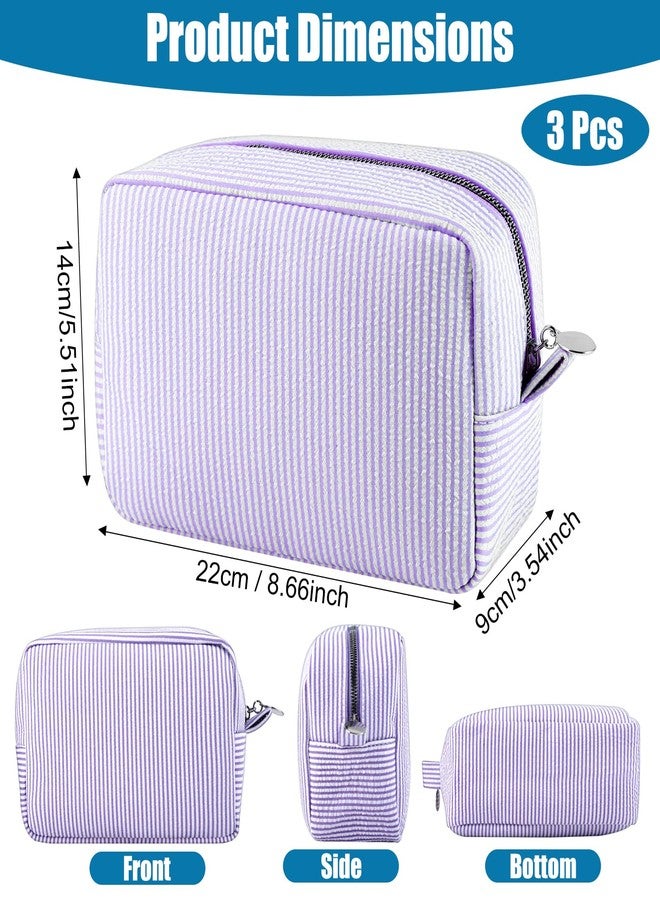 Loccmat 3 Pack Seersucker Makeup Bag, Striped Cosmetic Bag with Zipper, Large Travel Toiletry Storage Pouch for Women,Bridesmaid, Wedding Gifts, 8.7 x 5.5 x 3.5 Inch(Pink, Light Blue,Purple) - Image 2