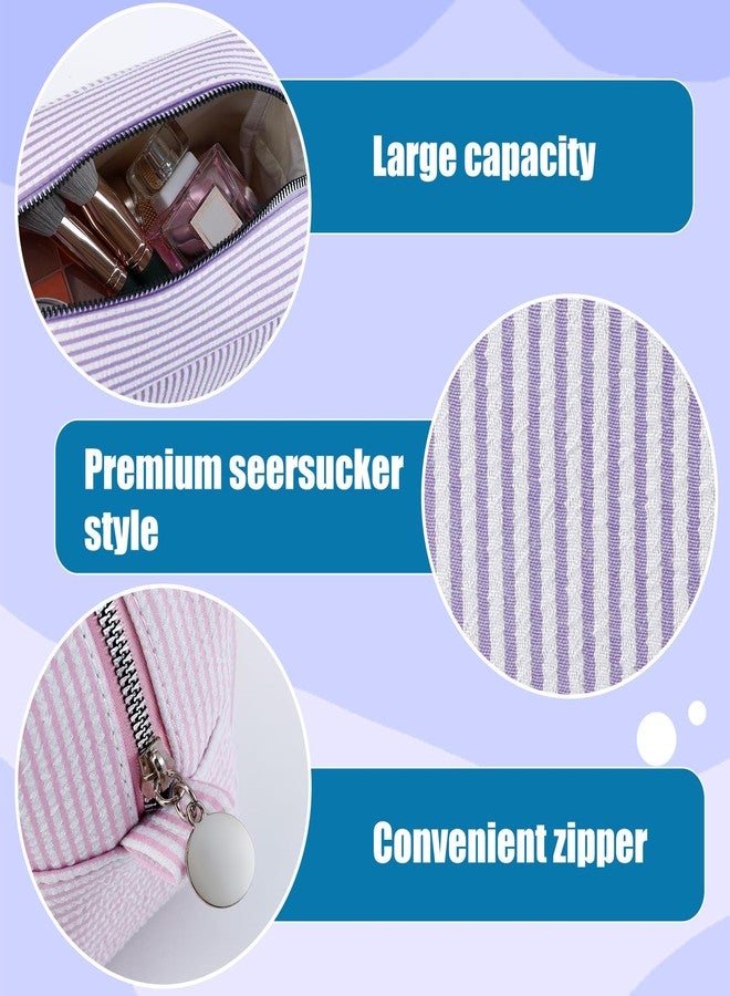 Loccmat 3 Pack Seersucker Makeup Bag, Striped Cosmetic Bag with Zipper, Large Travel Toiletry Storage Pouch for Women,Bridesmaid, Wedding Gifts, 8.7 x 5.5 x 3.5 Inch(Pink, Light Blue,Purple) - Image 4