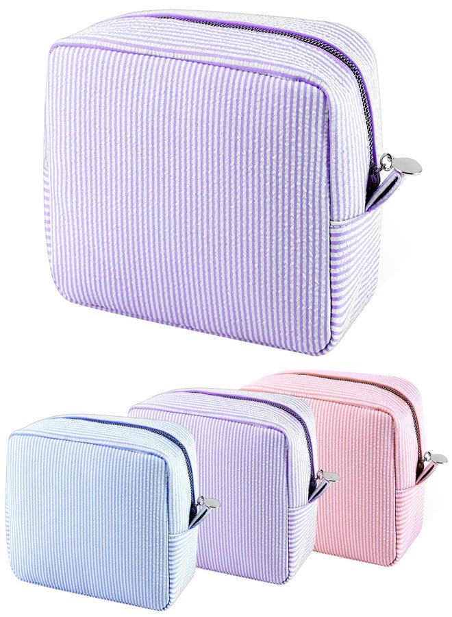 Loccmat 3 Pack Seersucker Makeup Bag, Striped Cosmetic Bag with Zipper, Large Travel Toiletry Storage Pouch for Women,Bridesmaid, Wedding Gifts, 8.7 x 5.5 x 3.5 Inch(Pink, Light Blue,Purple) - Image 1
