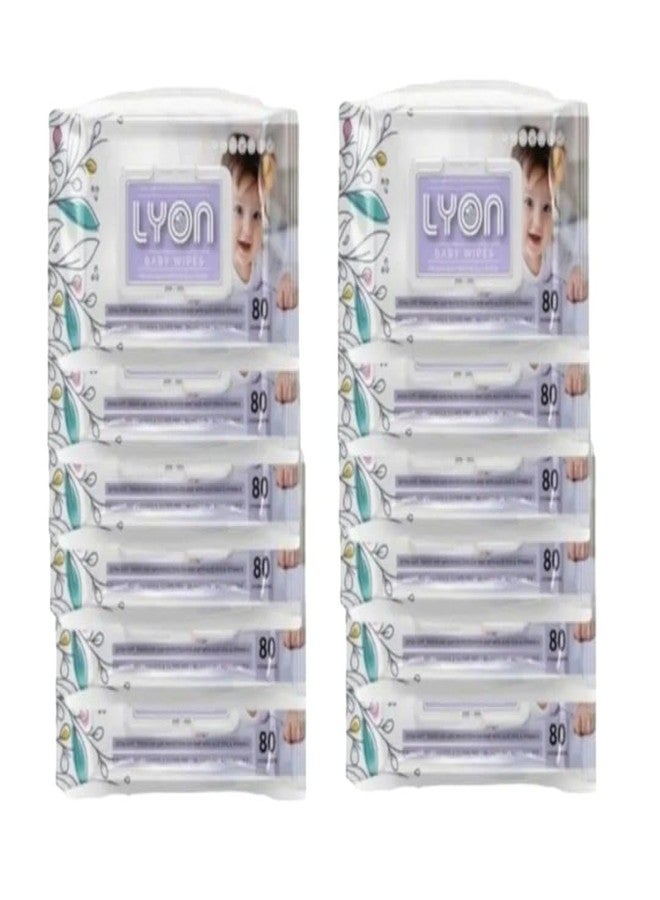 Lyon baby wet wipes with lid enriched with aloe vera and vit e (80 wipes per pack) Pack of 12 - Image 1