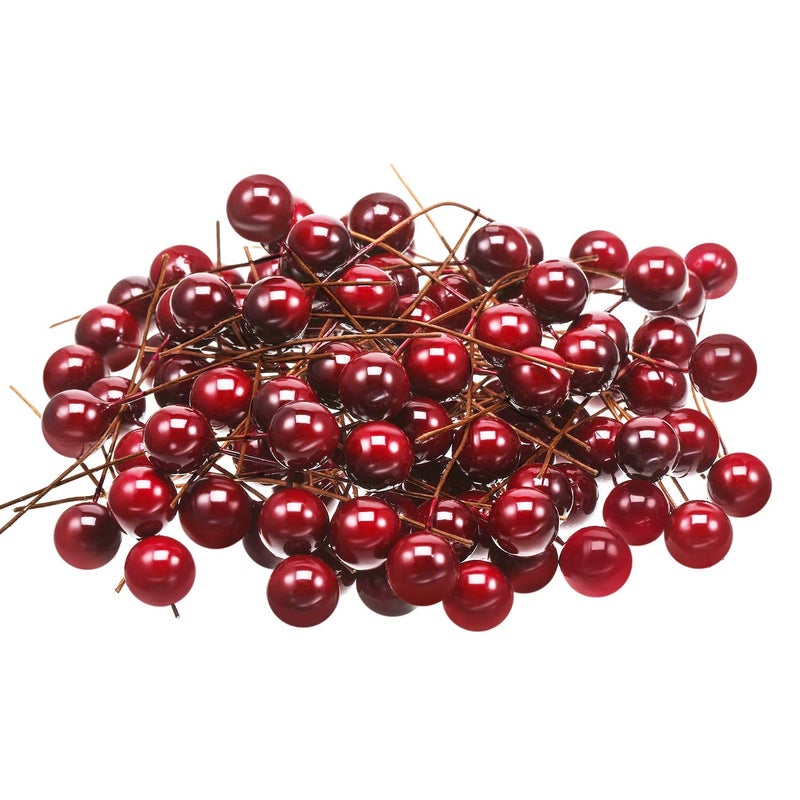 BBTO BBTO Artificial Holly Berries  100 Pieces Mini 10 mm Fake Berries Decor on Wire for Christmas Tree Decorations Flower Wreath DIY Craft Use (Wine Red)  - Image 2