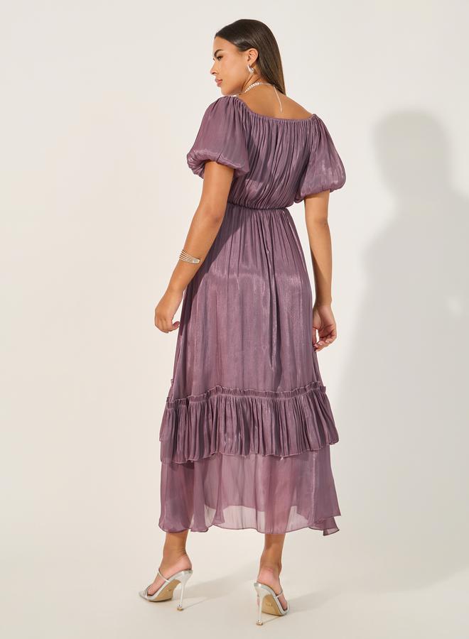 ستايلي فستان ماكسي بقصة - وأكمام بالون سادة بحافة متعددة الطبقات - Image 5