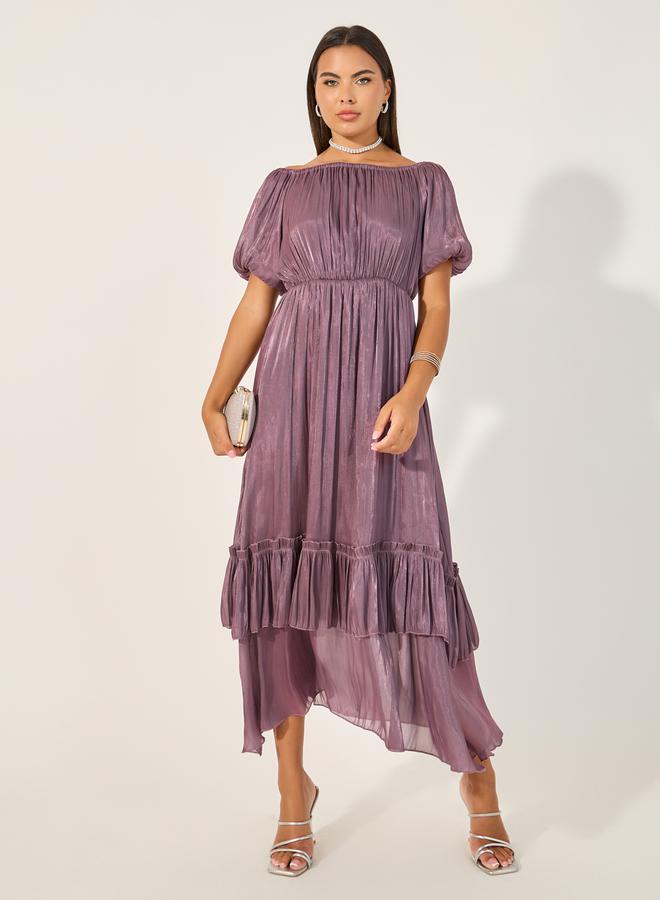 ستايلي فستان ماكسي بقصة - وأكمام بالون سادة بحافة متعددة الطبقات - Image 2