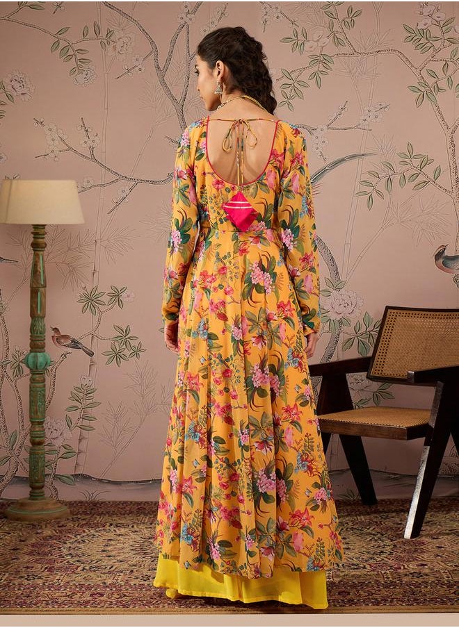 SASSAFRAS - Floral Print Round Neck Anarkali Kurta by Styli - Image 1