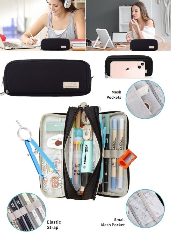 أفضل ذروة حقيبة أقلام رصاص كبيرة السعة بثلاث حجرات مناسبة للمدرسة والمراهقين والفتيات والأولاد والنساء وحقيبة قرطاسية وحقيبة تخزين مريحة وحقيبة تخزين للسفر في الهواء الطلق - أسود - Image 1