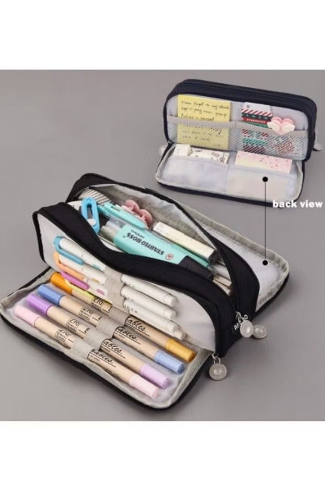 أفضل ذروة حقيبة أقلام رصاص كبيرة السعة بثلاث حجرات مناسبة للمدرسة والمراهقين والفتيات والأولاد والنساء وحقيبة قرطاسية وحقيبة تخزين مريحة وحقيبة تخزين للسفر في الهواء الطلق - أسود - Image 5