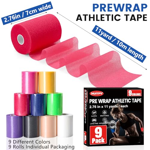 NUITPY 9 Pack Pre Wrap Tape, 9 Colors 2.76 Inch x 11 Yards Prewrap Athletic Tape for Hair Soccer, Pre Wrap Foam Tape, Soccer Pre Wrap Tape, Prewrap Headbands for Hair - Image 2