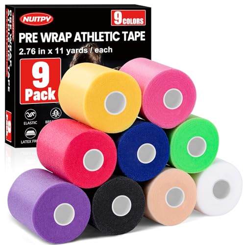 NUITPY 9 Pack Pre Wrap Tape, 9 Colors 2.76 Inch x 11 Yards Prewrap Athletic Tape for Hair Soccer, Pre Wrap Foam Tape, Soccer Pre Wrap Tape, Prewrap Headbands for Hair - Image 1