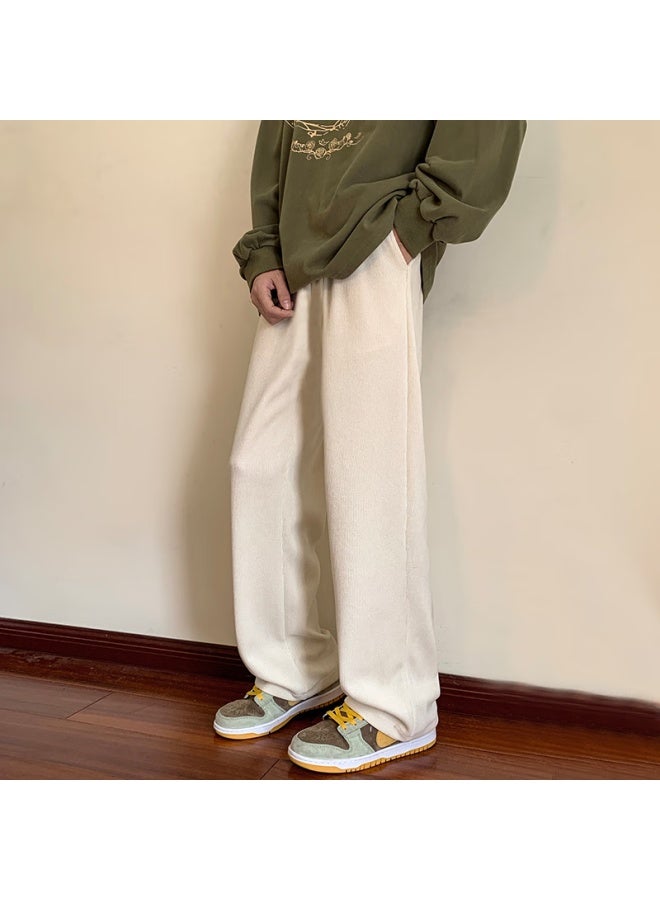 Homlean Literary Casual بنطلون رجالي ربيعي لون صلب قطيفة دافئ مستقيم فضفاض طويل 8302 أبيض L - Image 3