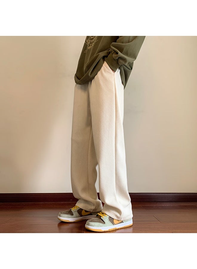 Homlean Literary Casual بنطلون رجالي ربيعي لون صلب قطيفة دافئ مستقيم فضفاض طويل 8302 أبيض L - Image 2