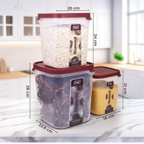 FLAIR Storewell Square Food Storage Containers Set Of 3 (6L, 8L, 12L)- Maroon, Air Tight Containers For Kitchen Storage Ideal Kitchen BoXFor Rice, Atta And Grains, Bpa-Free, Food Grade - Image 4