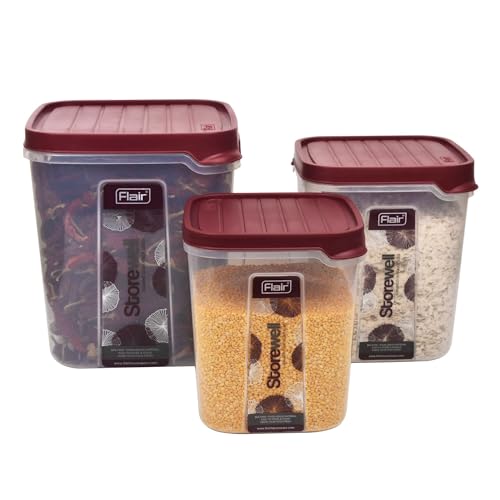 FLAIR Storewell Square Food Storage Containers Set Of 3 (6L, 8L, 12L)- Maroon, Air Tight Containers For Kitchen Storage Ideal Kitchen BoXFor Rice, Atta And Grains, Bpa-Free, Food Grade - Image 1