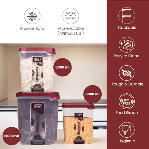 FLAIR Storewell Square Food Storage Containers Set Of 3 (6L, 8L, 12L)- Maroon, Air Tight Containers For Kitchen Storage Ideal Kitchen BoXFor Rice, Atta And Grains, Bpa-Free, Food Grade - Image 3