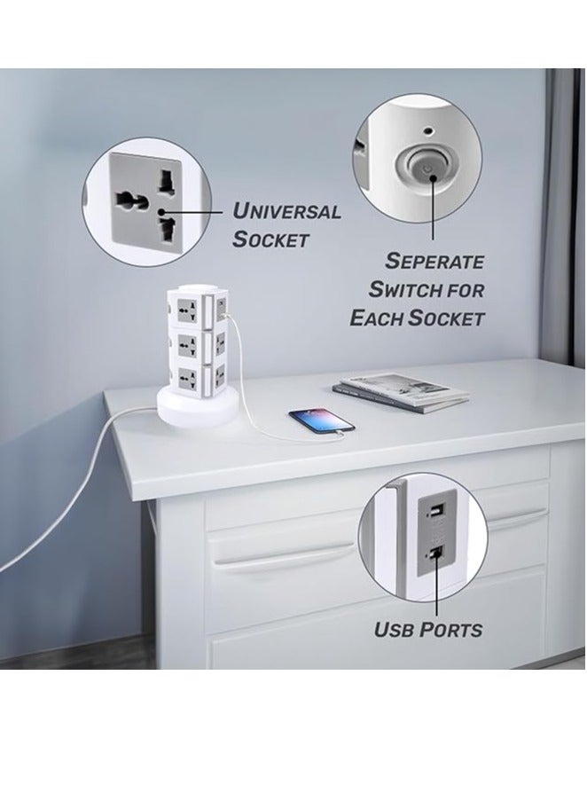 Vmax Layers Vertical Tower Extension Cord Socket  | Multi Device Connect Adaptor with USB Ports | Universal Socket with 2.5 m Length Cable - Image 4