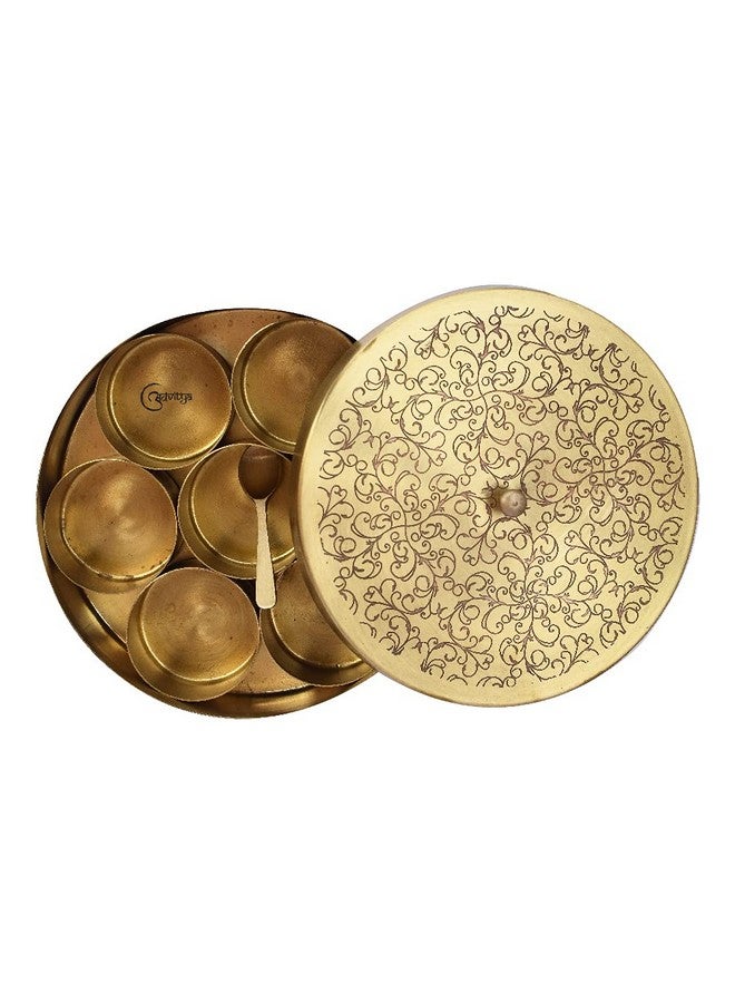 The Advitya Brass Masala Box For Kitchen|Spices Storage Containers|Handmade Golden Masala Container/Spice Box With Embossed Lid 7 Compartments And 1 Spoon (7 Inch, Small) - Image 3