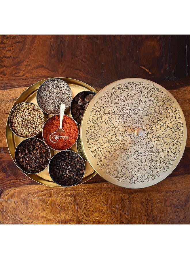 The Advitya Brass Masala Box For Kitchen|Spices Storage Containers|Handmade Golden Masala Container/Spice Box With Embossed Lid 7 Compartments And 1 Spoon (7 Inch, Small) - Image 2