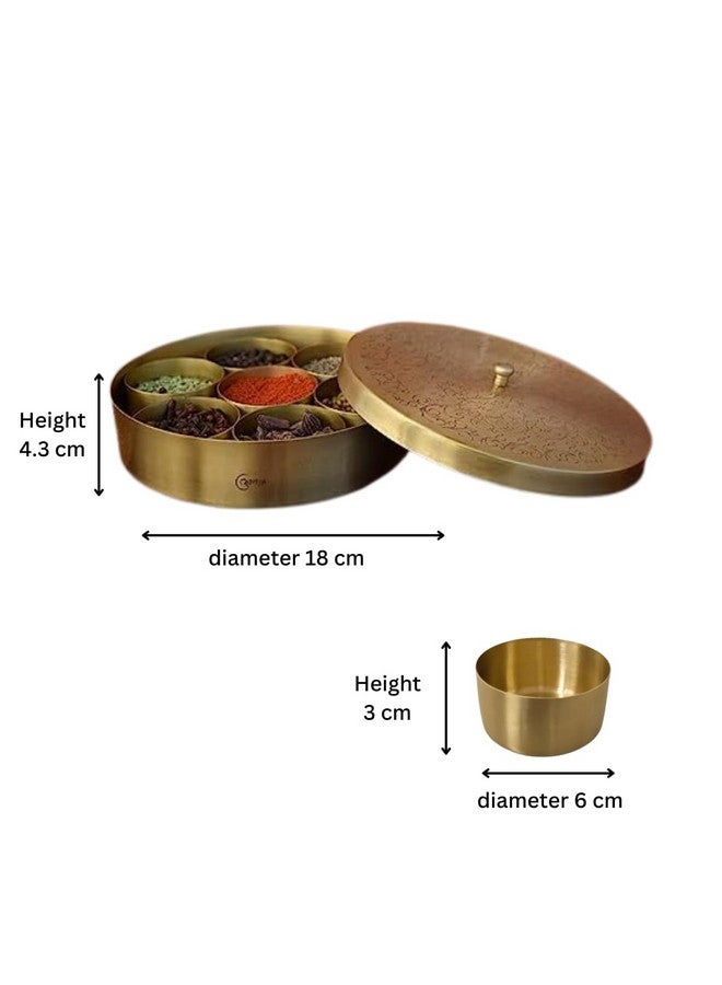 The Advitya Brass Masala Box For Kitchen|Spices Storage Containers|Handmade Golden Masala Container/Spice Box With Embossed Lid 7 Compartments And 1 Spoon (7 Inch, Small) - Image 4