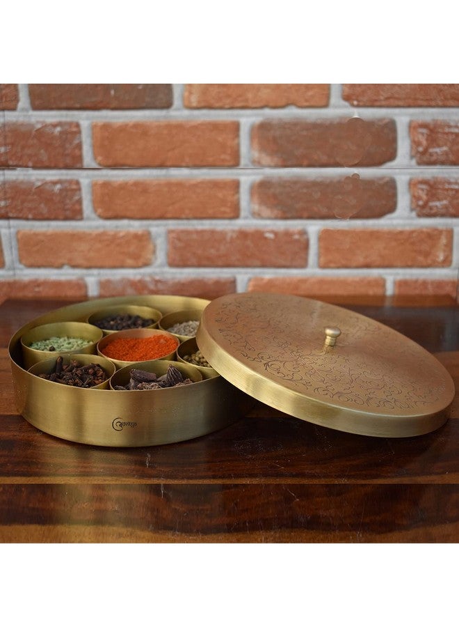 The Advitya Brass Masala Box For Kitchen|Spices Storage Containers|Handmade Golden Masala Container/Spice Box With Embossed Lid 7 Compartments And 1 Spoon (7 Inch, Small) - Image 5