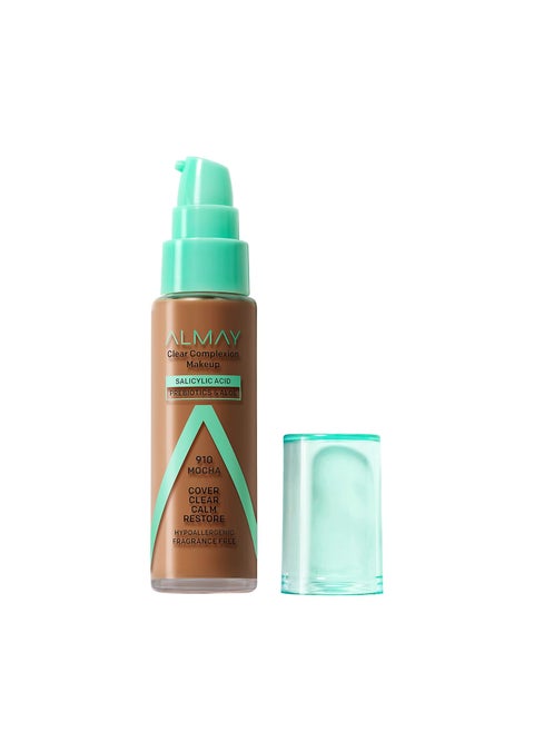 Almay Clear Complexion Acne Foundation Makeup with Salicylic Acid Medium Coverage Soft Matte Finish Hypoallergenic Cruelty  FragranceFree Dermatologist Tested 910 Mocha 1 fl oz