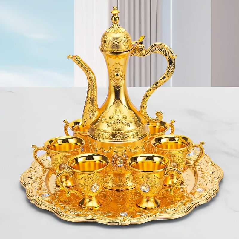 8 Pcs Vintage Turkish Coffee Pot Set with Tray and 6 Cups, Retro Style Coffee Maker, Exquisite Hot Beverage Service Set for Home and Party Decor (Gold) - Image 5