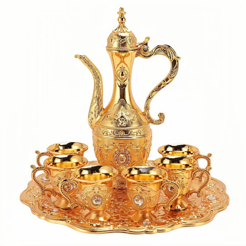 8 Pcs Vintage Turkish Coffee Pot Set with Tray and 6 Cups, Retro Style Coffee Maker, Exquisite Hot Beverage Service Set for Home and Party Decor (Gold) - Image 1
