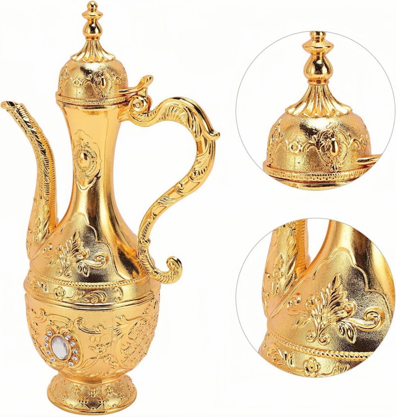 8 Pcs Vintage Turkish Coffee Pot Set with Tray and 6 Cups, Retro Style Coffee Maker, Exquisite Hot Beverage Service Set for Home and Party Decor (Gold) - Image 2