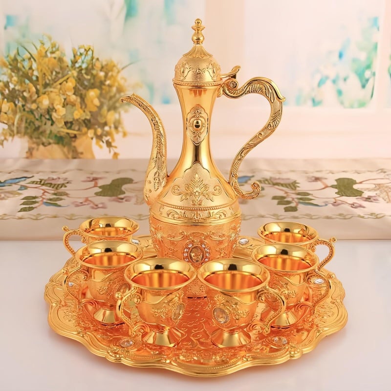 8 Pcs Vintage Turkish Coffee Pot Set with Tray and 6 Cups, Retro Style Coffee Maker, Exquisite Hot Beverage Service Set for Home and Party Decor (Gold) - Image 4