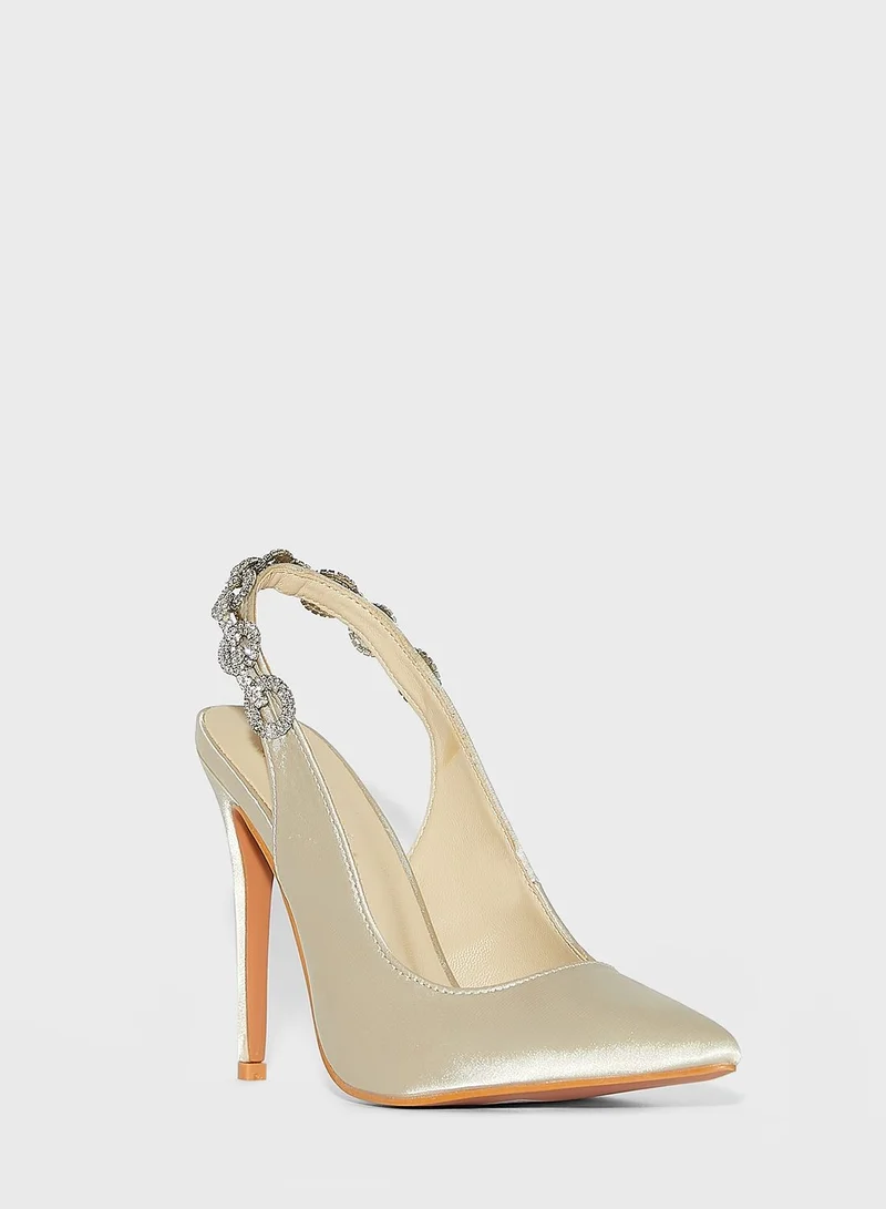 Ella Limited Edition Satin Jewelled Slingback Pointed Pump Champagne