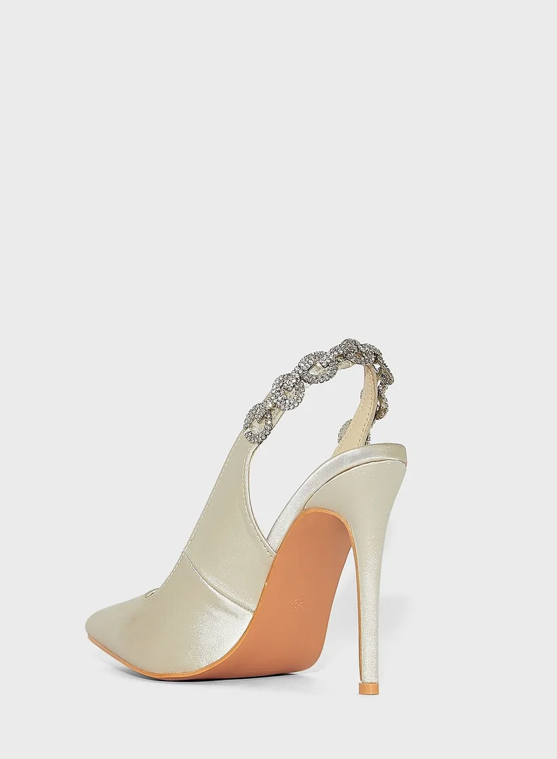 Ella Limited Edition Satin Jewelled Slingback Pointed Pump Champagne